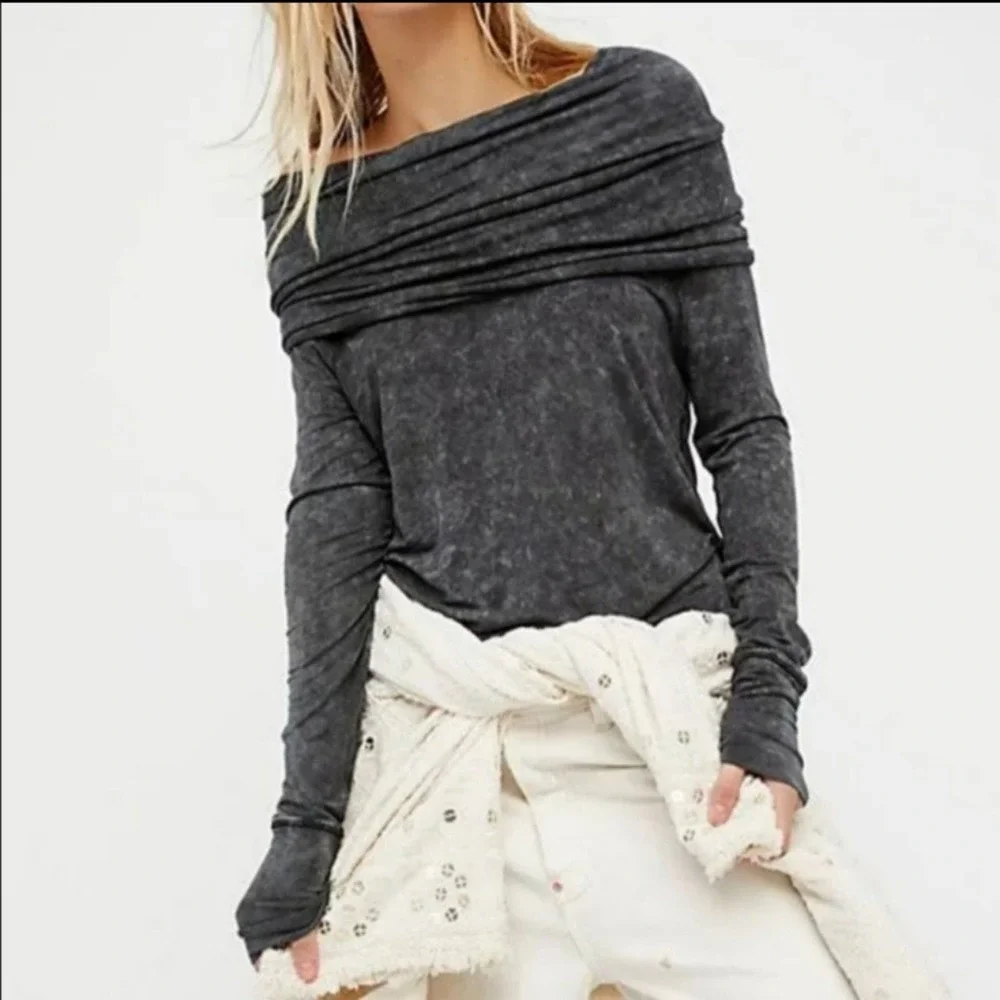 Free People We The Free Cosmo Cowl Neck Top Long Sleeve Gray Size XS - Picture 2 of 11
